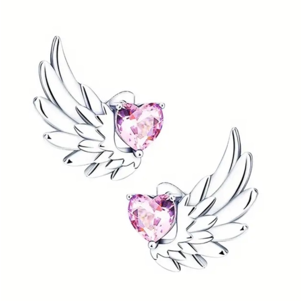 Wing Stud Earrings with Pink Heart Crystals